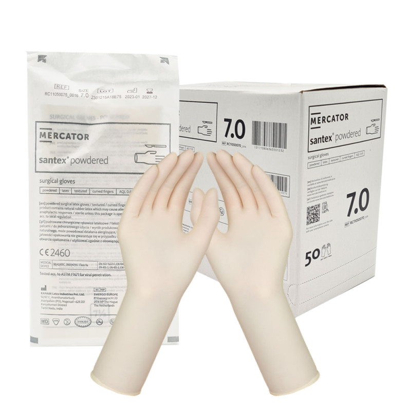 Rękawiczki chirurgiczne lateksowe sterylne 7.0 pudrowane Mercator Santex Powdered 50 par