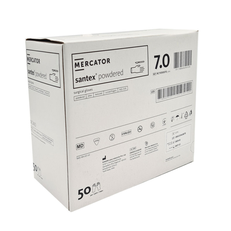 Rękawiczki chirurgiczne lateksowe sterylne 7.0 pudrowane Mercator Santex Powdered 400 par