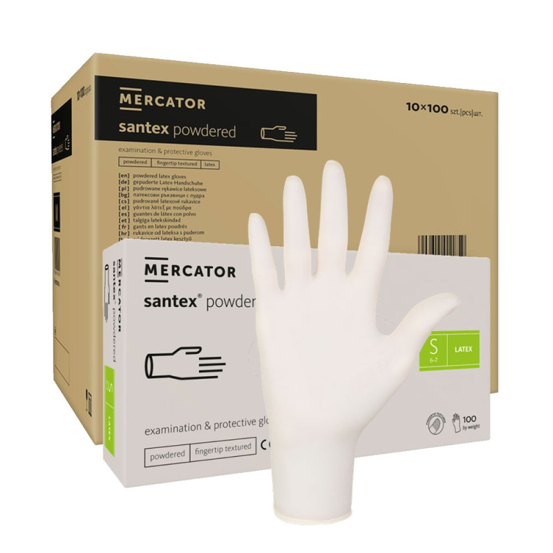 Rękawiczki lateksowe S pudrowane Santex powdered finger txt 100sztuk karton 10op