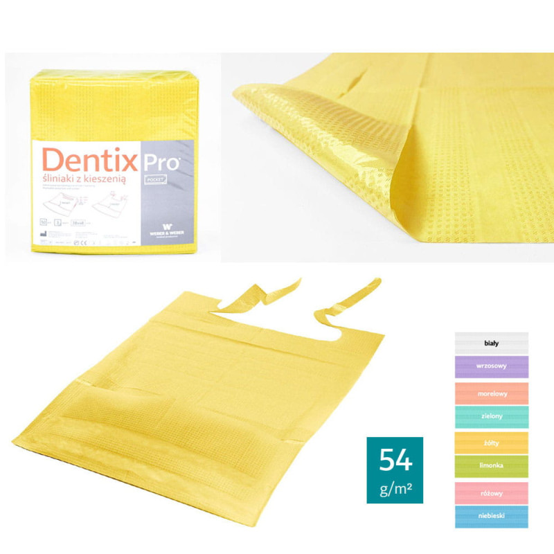 Śliniak dentystyczny z kieszonką 39cm x 48cm ż&oacute;łty podfoliowany 54g DentixPro 50szt