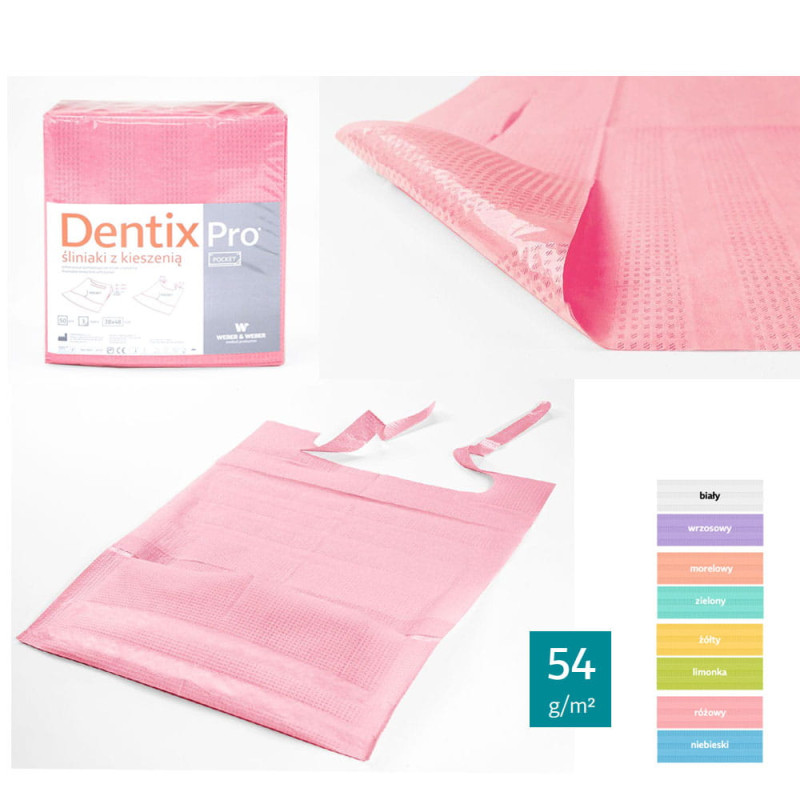 Śliniak dentystyczny z kieszonką 39cm x 48cm r&oacute;żowy podfoliowany 54g DentixPro 50szt