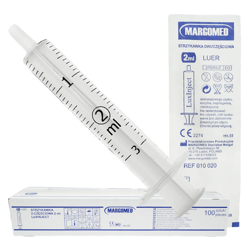 Strzykawka 2ml luer dwuczęściowa LuxInject Margomed 100szt 30op