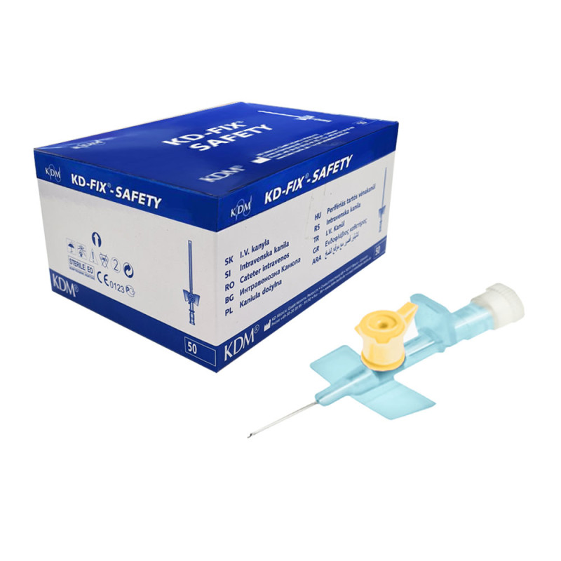 Wenflon bezpieczny ż&oacute;łty 24G 0,7mm x 19mm kaniula dożylna z samozamykającym się korkiem KD-Fix Safety 50szt