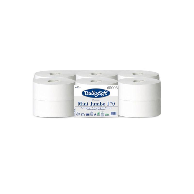 Papier toaletowy mini jumbo długi 170m biały gładki 2 warstwy Bulkysoft Premium 12 rolek