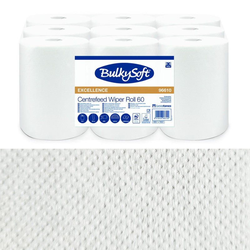 Ręcznik papierowy mini 60m biały 2 warstwy w roli do systemu one-to-one Bulkysoft Premium 9 rolek