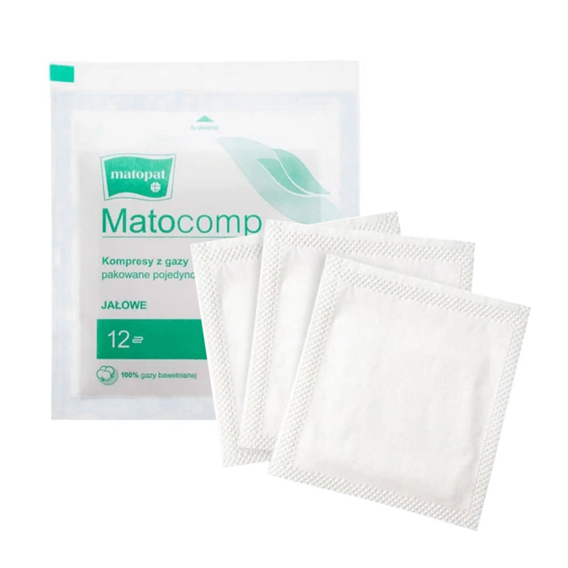 Kompres jałowy 9x9 z gazy 12 warstw 17 nitek Matocomp 3szt peel-pack (każdy kompres pakowany indywidualnie)