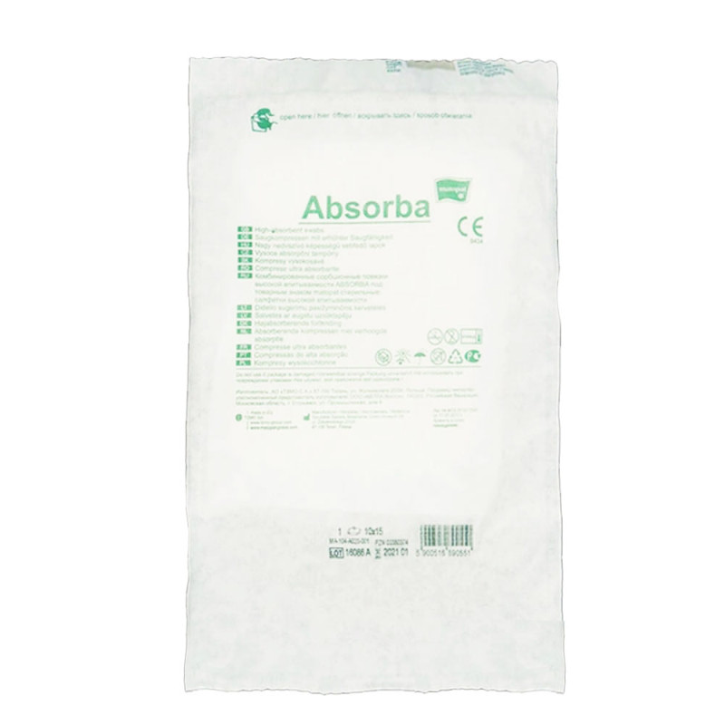 Kompres wysokochłonny Absorba jałowy 10x20 wł&oacute;knina + pulpa celulozowa 20szt blister + TAG