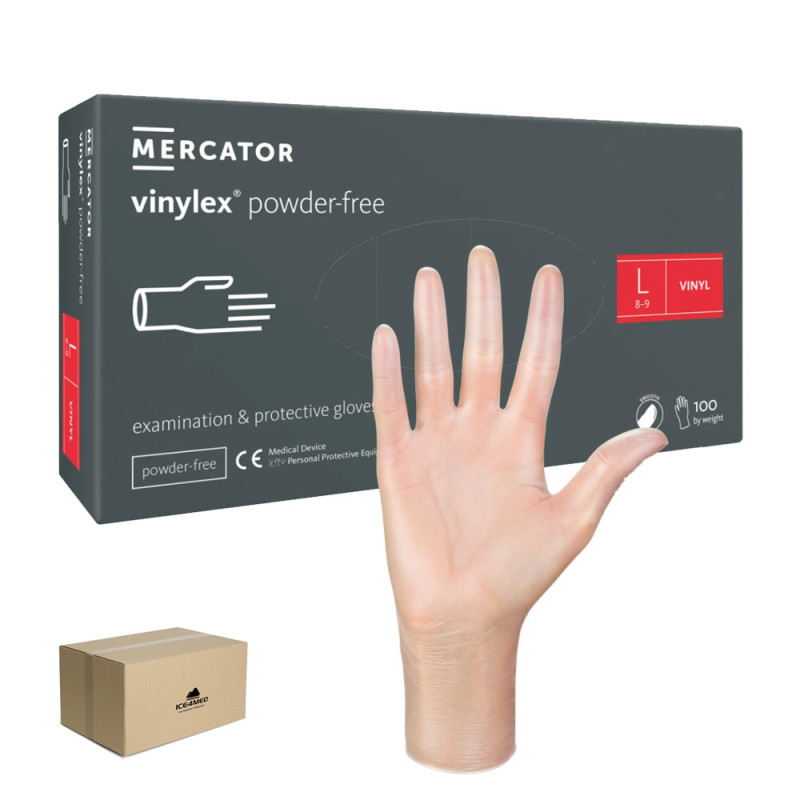 Rękawiczki winylowe L bezpudrowe Mercator Vinylex transparentne 100szt karton 10op