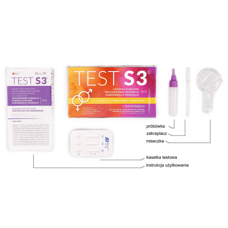 Test S3 do wykrycia chor&oacute;b intymnych 3w1 Candida Albicans, Trichomonas vaginalis, Gardnerella vaginalis 1szt