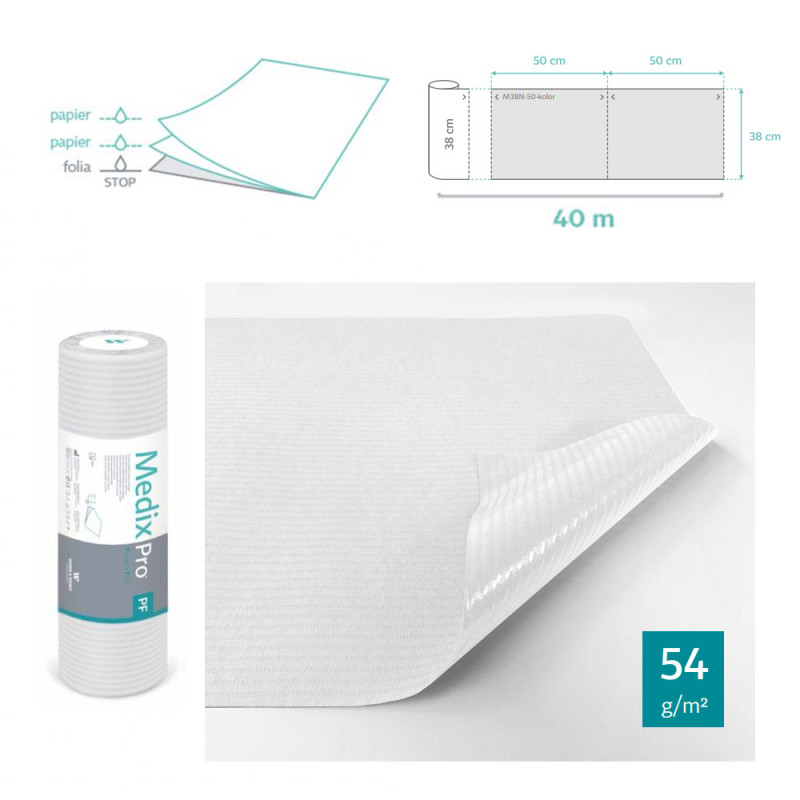 Podkład higieniczny na rolce 38cm x 50cm biały podfoliowany 54g MedixPro 640szt