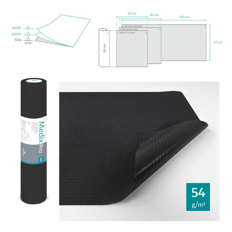 Podkład higieniczny na rolce 50cm x 50cm czarny podfoliowany 54g MedixPro 480szt
