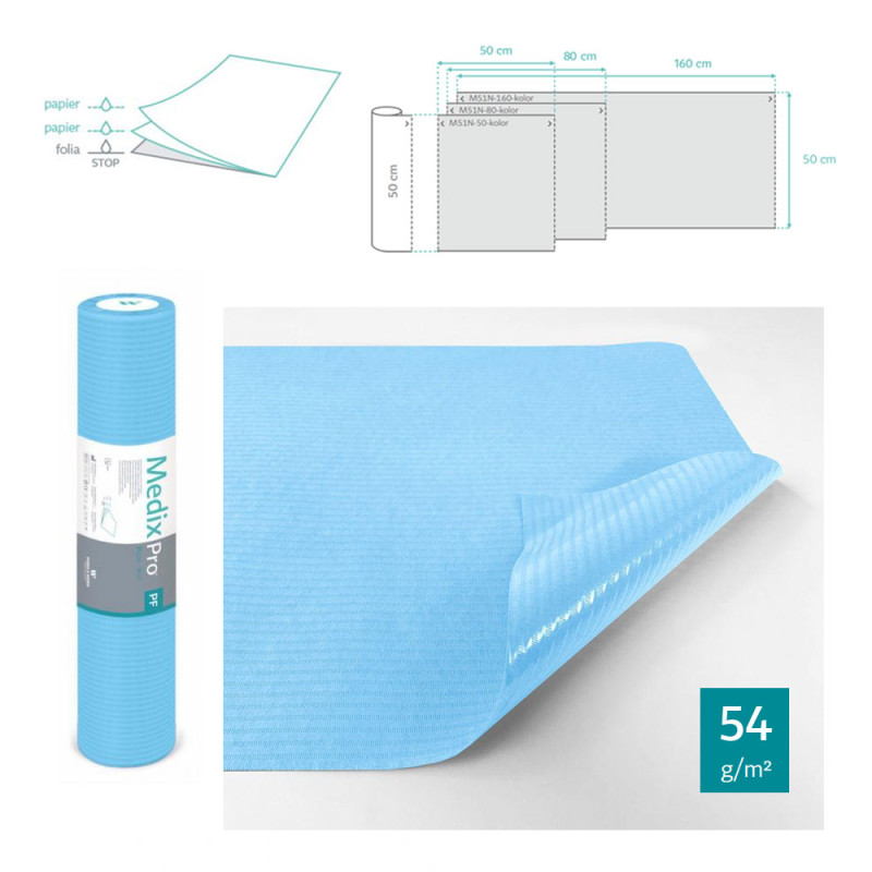 Podkład higieniczny na rolce 50cm x 50cm niebieski podfoliowany 54g MedixPro 480szt