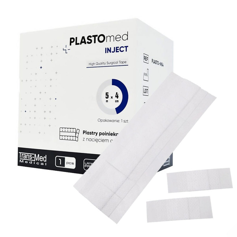 Plastry poiniekcyjne wł&oacute;kninowe z opatrunkiem 4cm x 5m z nacięciem co 2 cm Plastomed Inject 250szt
