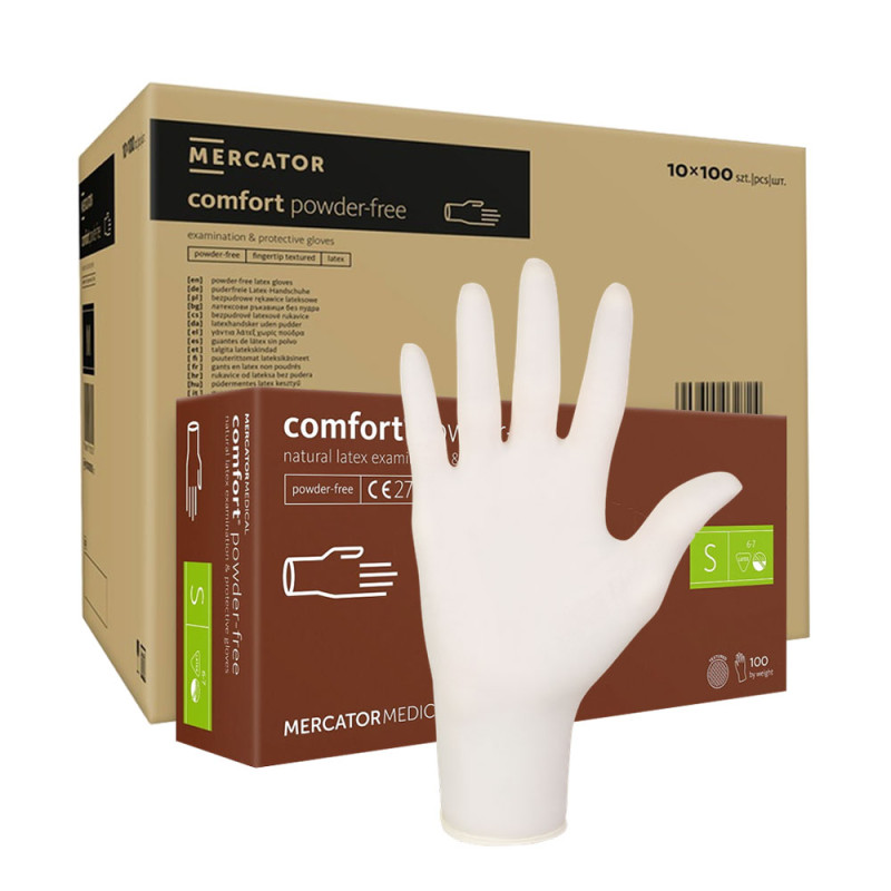 Rękawiczki lateksowe S Mercator Latex Comfort powder-free bezpudrowe 100szt karton 10op