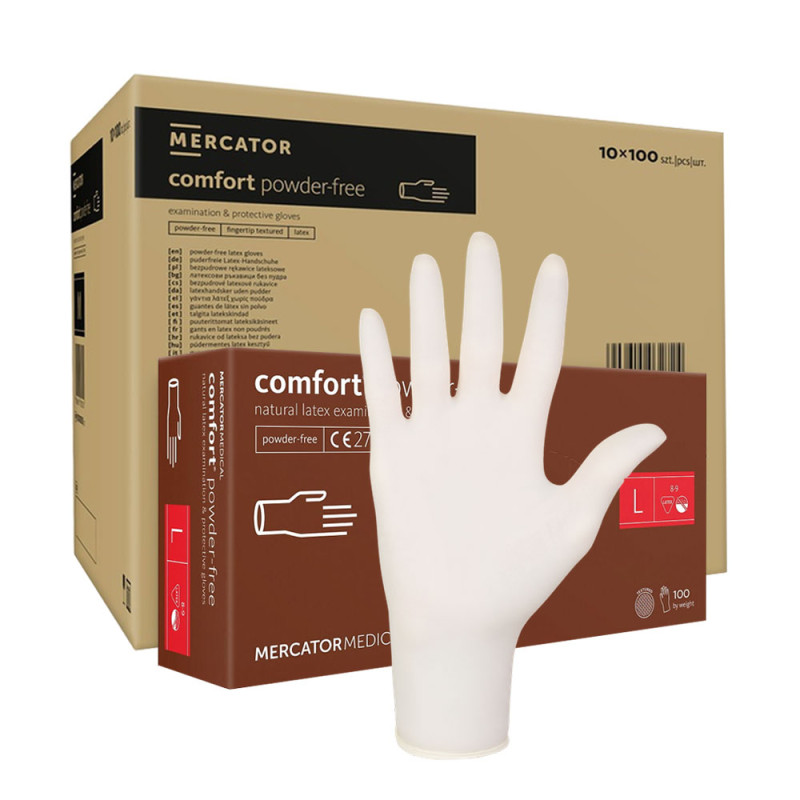 Rękawiczki lateksowe L Mercator Latex Comfort powder-free bezpudrowe 100szt karton 10op