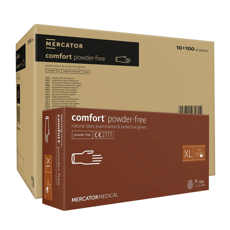 Rękawiczki lateksowe XL Mercator Latex Comfort powder-free bezpudrowe 100szt karton 10op