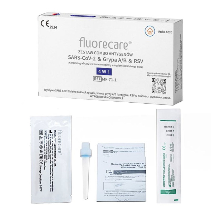 Fluorecare test combo 4w1 wymazowy test na RSV grypa A grypa B sars-cov do samokontroli 100szt