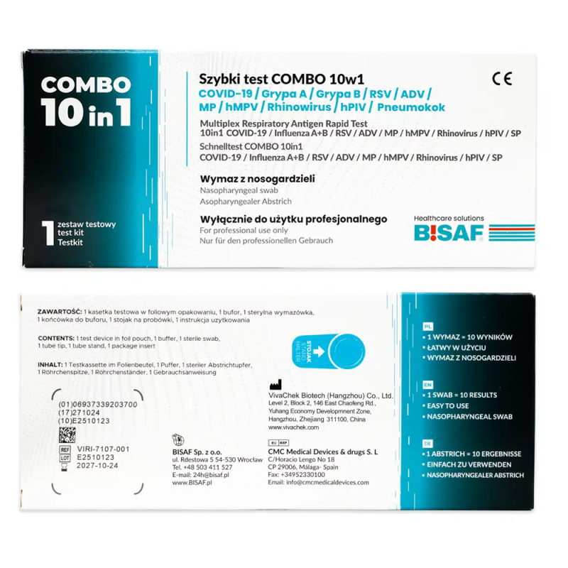Combo test 10w1 grypa A+B / hMPV / SARS-COV / RSV / ADV / RhV / PIV / Mycoplasma / Pneumokoki 1szt