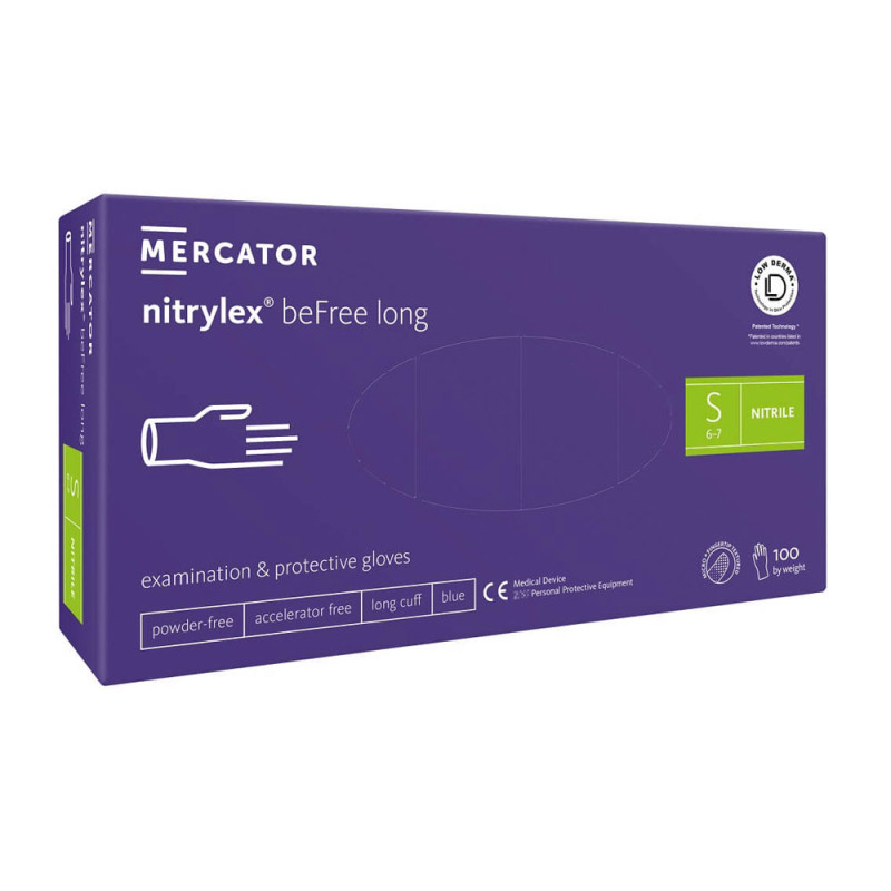 Rękawiczki nitrylowe S niebieskie Mercator nitrylex beFree long 100szt