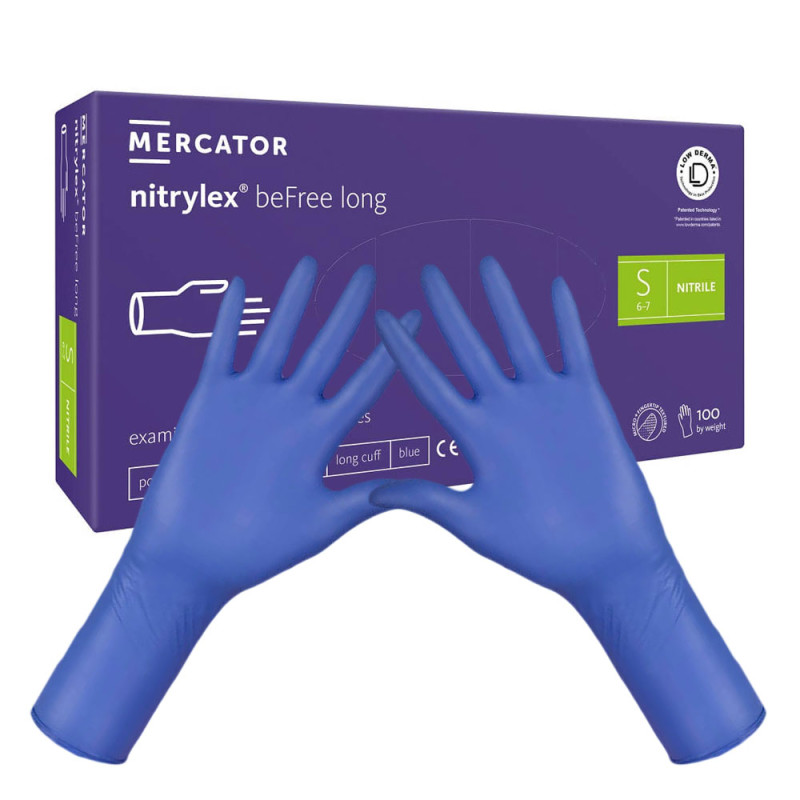 Rękawiczki nitrylowe S niebieskie Mercator nitrylex beFree long 100szt karton 10op