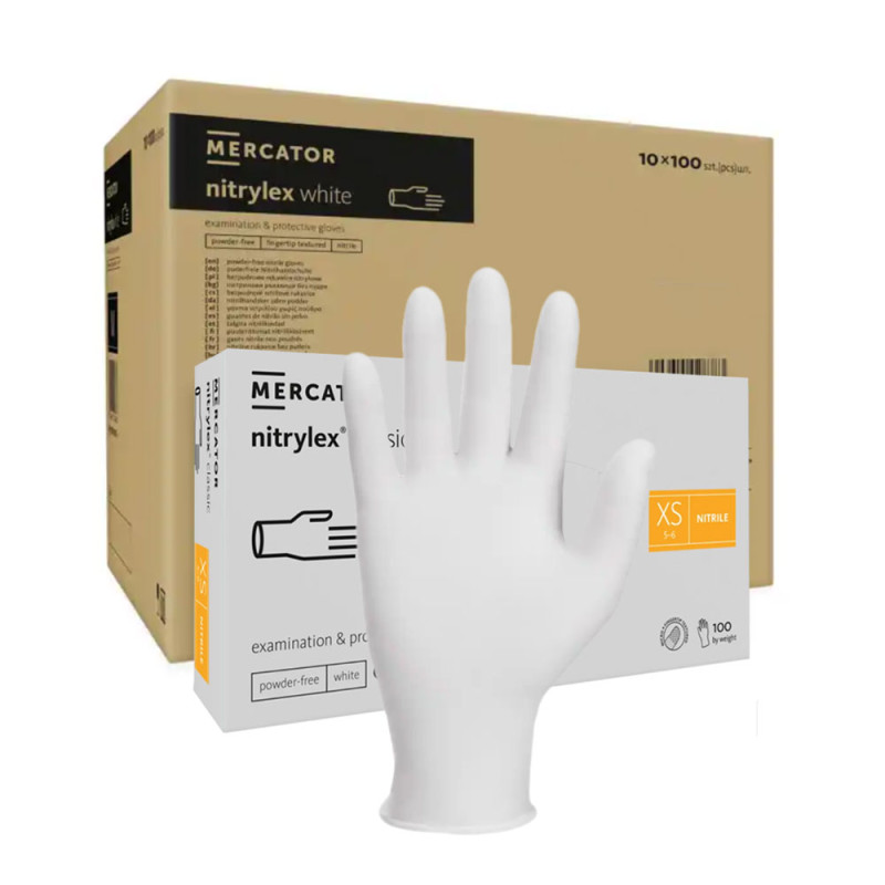 Rękawiczki nitrylowe XS białe Mercator Nitrylex Classic white 100szt karton 10op