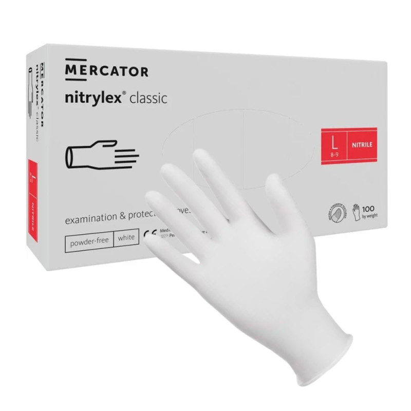 Rękawiczki nitrylowe L białe Mercator Nitrylex Classic white 100szt karton 10op