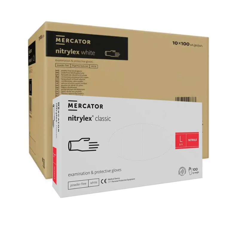 Rękawiczki nitrylowe L białe Mercator Nitrylex Classic white 100szt karton 10op