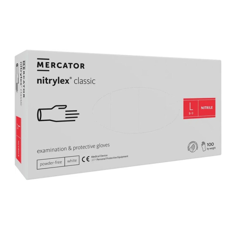 Rękawiczki nitrylowe L białe Mercator Nitrylex Classic white 100szt karton 10op