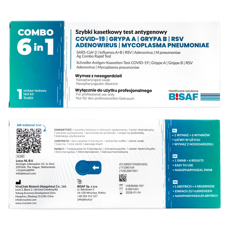 Combo test 6w1 na RSV / grypa A / grypa B / SARS-COV / Adenowirus / Mycoplasma Pneumoniae 100szt