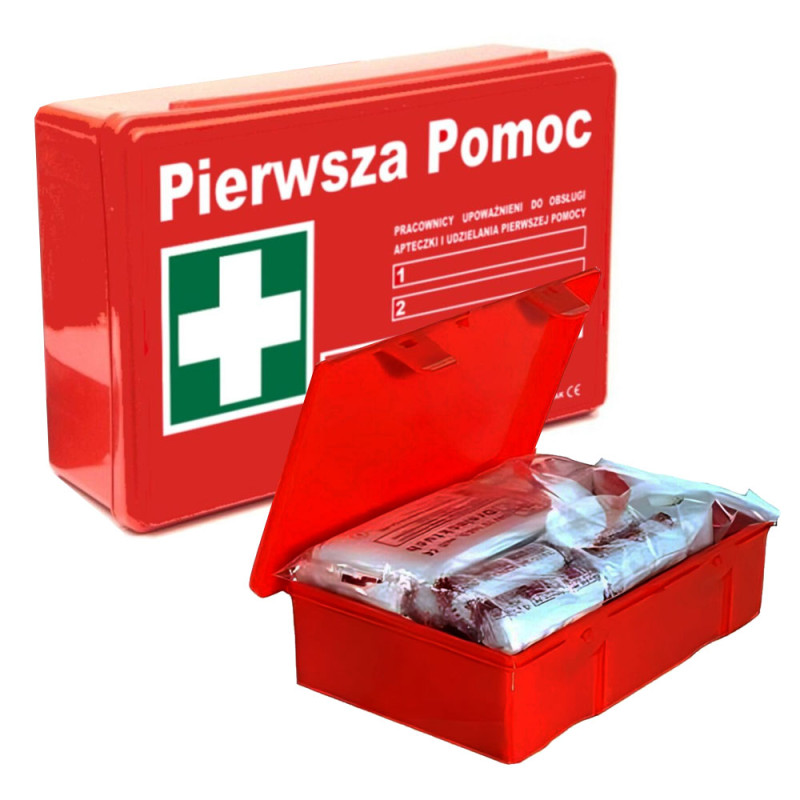 Apteczka pierwszej pomocy DIN 13164 PLUS z wyposażeniem BHP do firmy i samochodu + stelaż mocujący 1szt