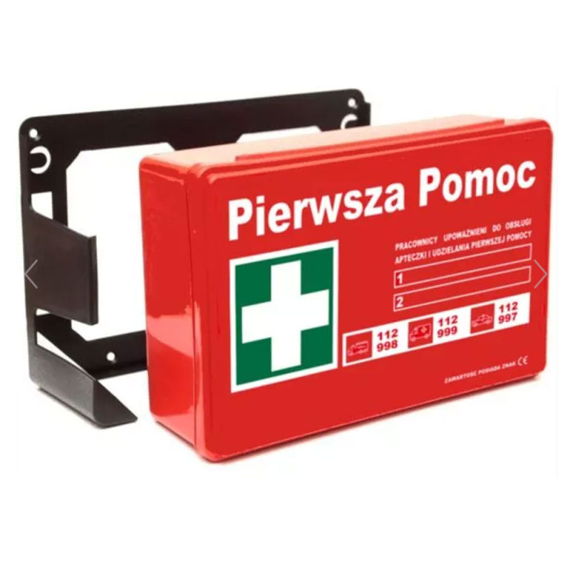 Apteczka zakładowa DIN 13157 PLUS z wyposażeniem pierwszej pomocy BHP + stelaż mocujący 1szt