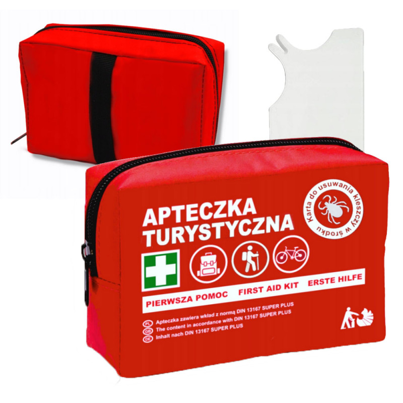 Apteczka turystyczna DIN 13167 TOURIST z wyposażeniem pierwszej pomocy i kartą do usuwania kleszczy 1szt
