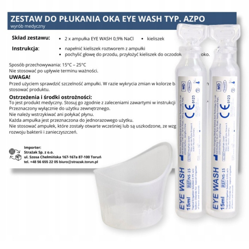 Zestaw do płukania oka AZPO 2 × 15 ml NaCl 0,9% płukanka do oczu pierwsza pomoc
