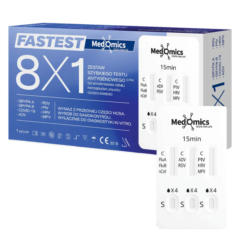 Combo test 8w1 do samokontroli Medomics na grypa A / grypa B / SARS-COV / RSV / RhV / PIV / ADV / hMPV 1szt
