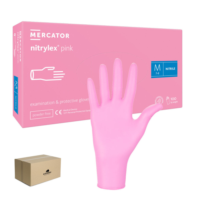 Rękawiczki nitrylowe M r&oacute;żowe Mercator Nitrylex Pink 100sztuk karton 10op