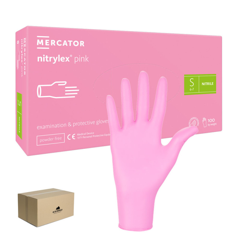 Rękawiczki nitrylowe S r&oacute;żowe Mercator Nitrylex Pink 100sztuk karton 10op